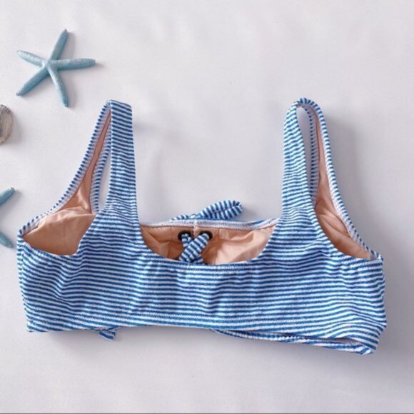 J. Crew | Lace Up Bikini Top Faded Stripe Blue White Preppy Nautical Swimwear XL - Picture 7 of 11